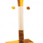 Жёлто-коричневая когтеточка-столбик с крышкой в виде колпака клоуна с висящими шариками